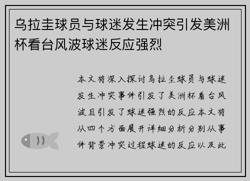乌拉圭球员与球迷发生冲突引发美洲杯看台风波球迷反应强烈 乌拉圭球员与球迷发生冲突引发美洲杯看台风波球迷反应强烈
